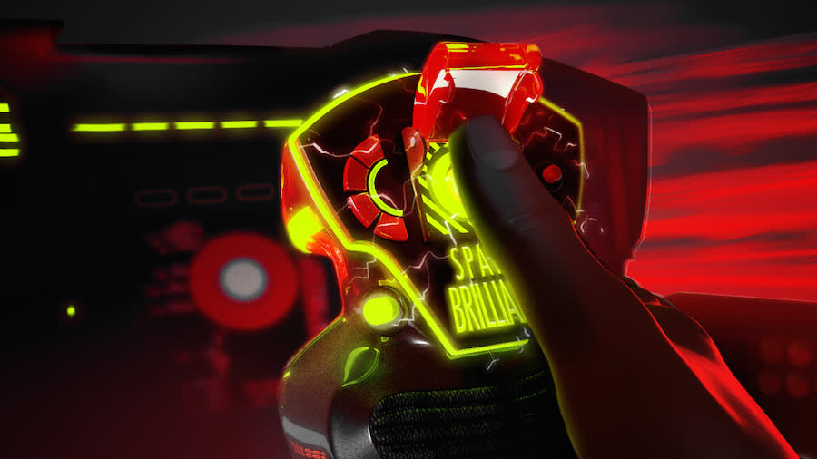 A close-up of a hand gripping a brightly lit control lever with glowing yellow and red lights, and the words “SPARK” and “BRILLIANCE” visible, suggesting a sci-fi or high-tech environment.