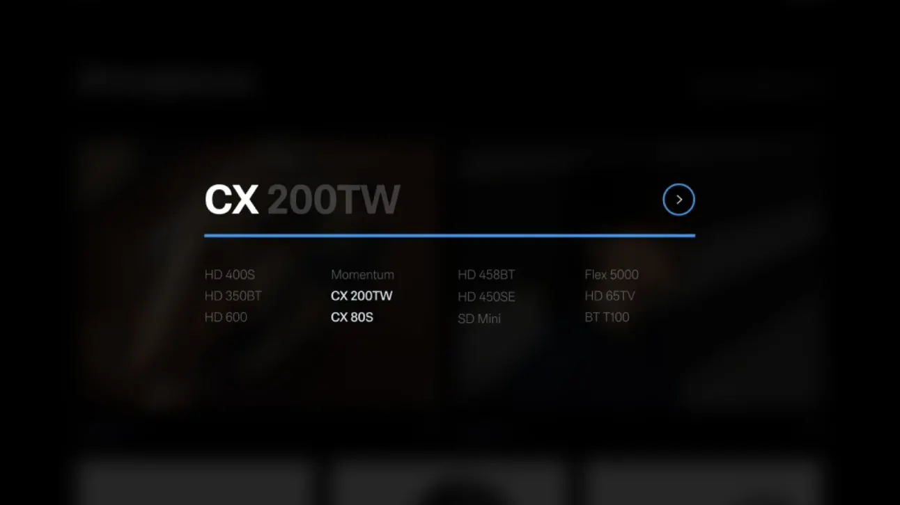 A dark interface displays a highlighted section for “CX 200TW,” with surrounding text listing other product names and models, including Momentum, CX 80S, HD 400S, and several HD and Flex series models.