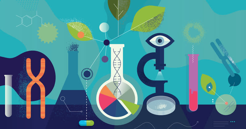 Colorful abstract illustration of scientific elements including a DNA helix, test tubes, microscope, leaf, molecular structures, a pie chart, and a chromosome, symbolizing science and research.