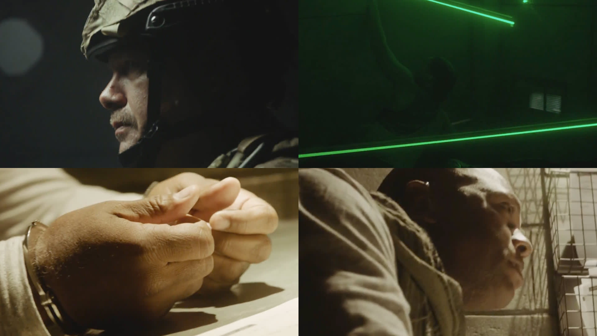 A collage of four images: a person in a military helmet, a person navigating green laser beams, close-up of hands in handcuffs, and a person lying down near metal bars.
