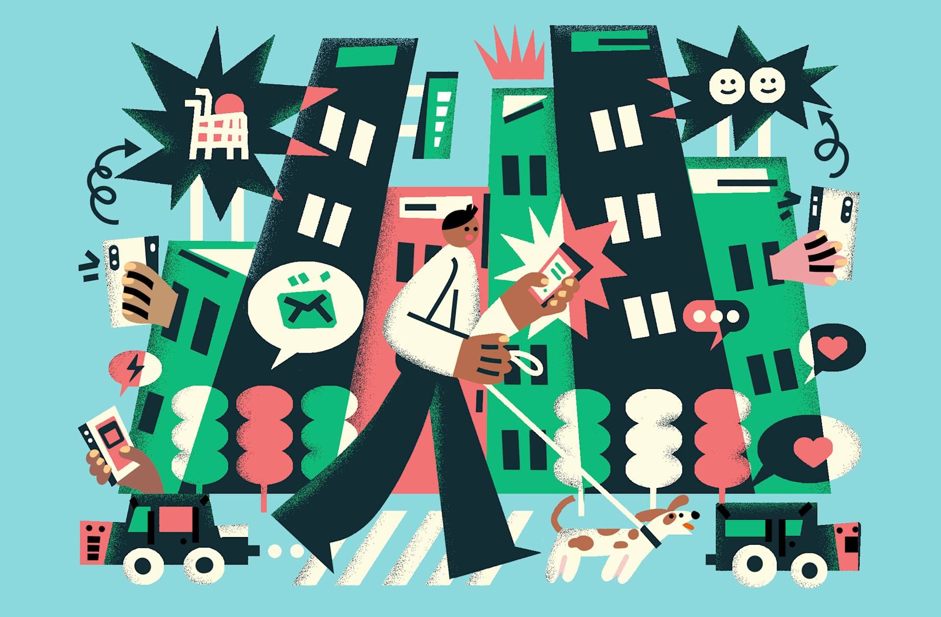 A person walking a dog crosses a busy street, looking at their phone. Surrounding them are buildings, cars, and illustrated hands holding phones with notifications, emojis, and message icons, symbolizing digital distraction.