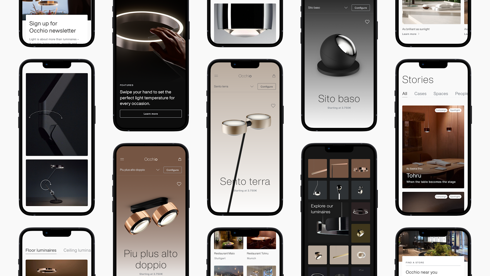 A collage of smartphones displaying a sleek, modern lighting website interface, featuring product images, descriptions, and navigation menus on minimalist backgrounds.