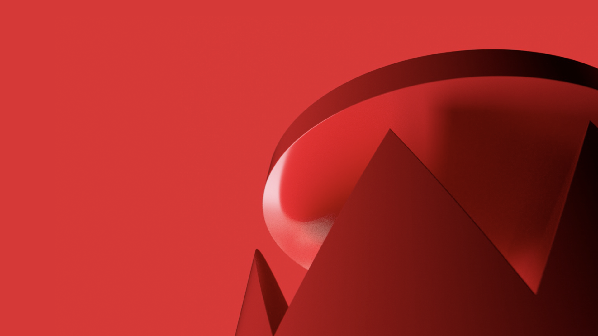 Abstract red image featuring three jagged triangular shapes in the foreground, resembling mountain peaks, with a large, smooth, circular form hovering above them against a solid red background.