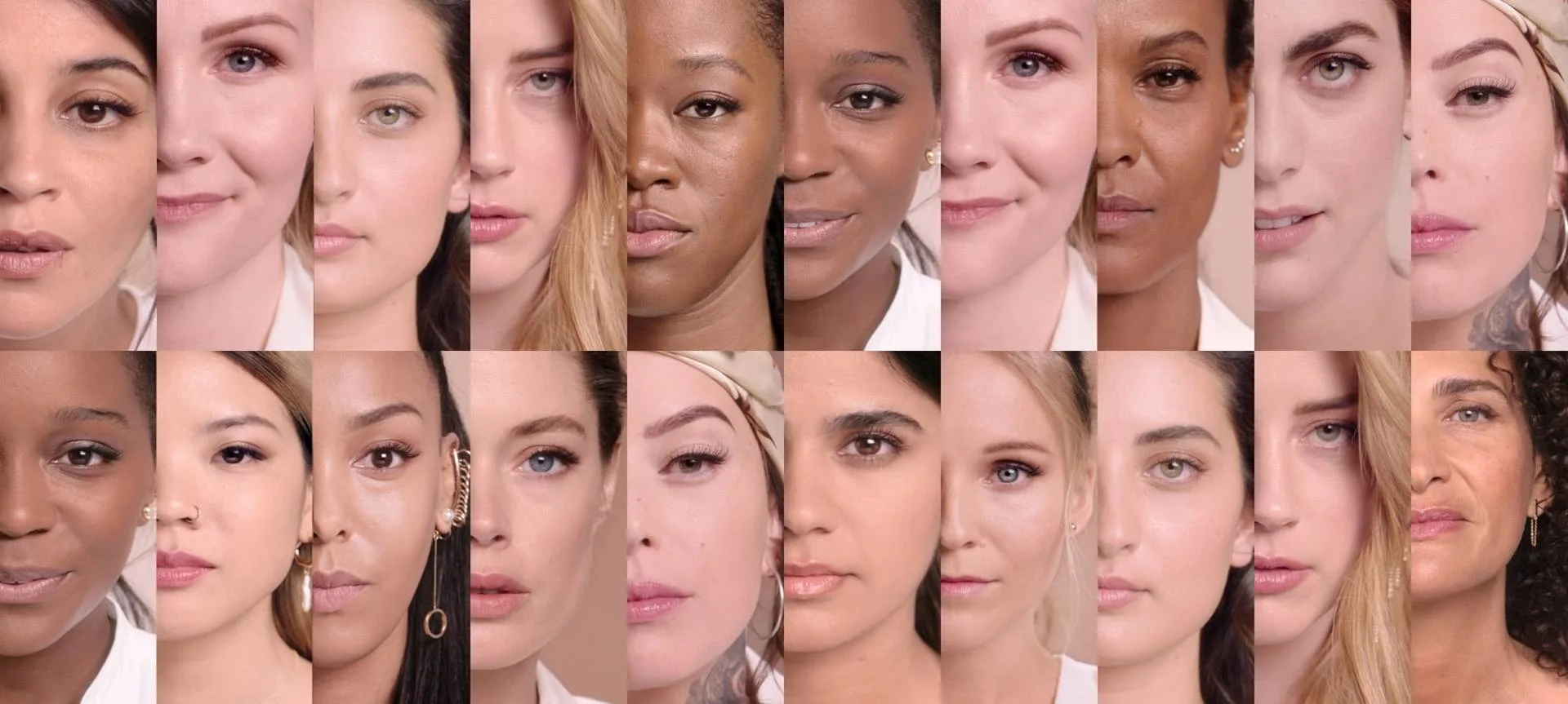 A collage of close-up portraits shows the faces of diverse women of different ages, skin tones, and facial features, each photographed from just off-center, highlighting individuality and diversity.