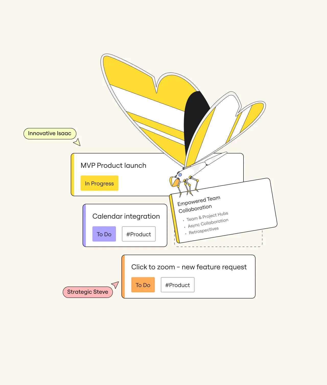 A stylized yellow and white butterfly with black accents hovers over labeled task cards, including MVP Product launch, Calendar integration, Empowered Team Collaboration, and Click to zoom – new feature request.