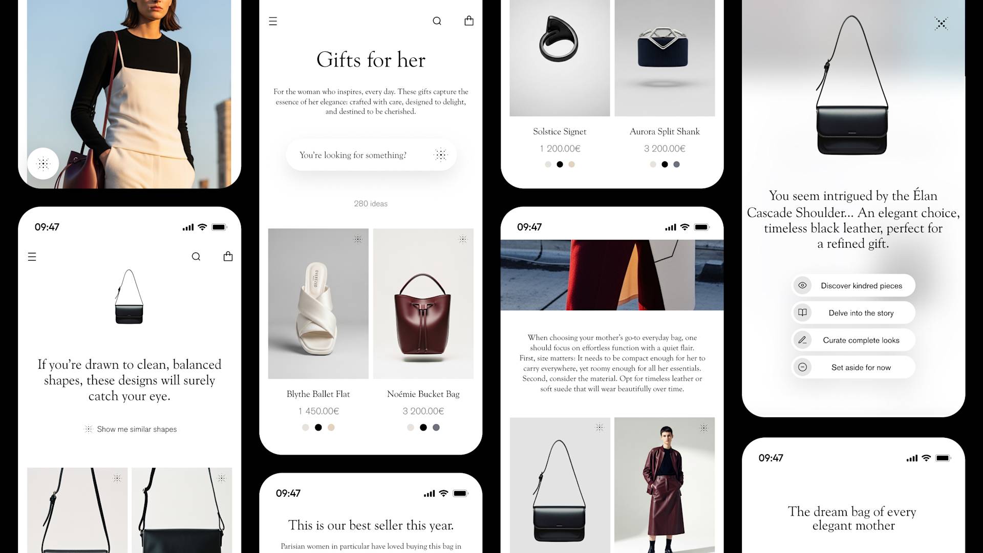 A collage of smartphone screens displaying a minimalist online store for women’s fashion and accessories, featuring handbags, shoes, jewellery, gift suggestions and product descriptions on a clean, modern interface.