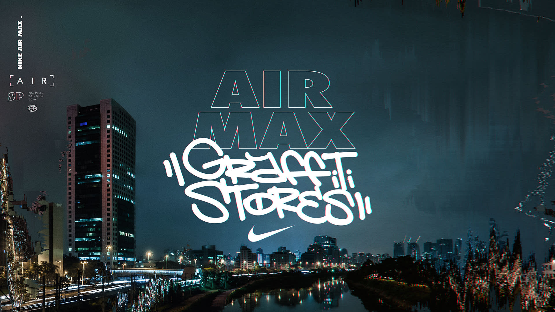 Nighttime cityscape with tall buildings and a river, featuring bold text in the center that reads “AIR MAX” and graffiti-style text below it saying “Graffiti Stores,” with the Nike logo underneath.