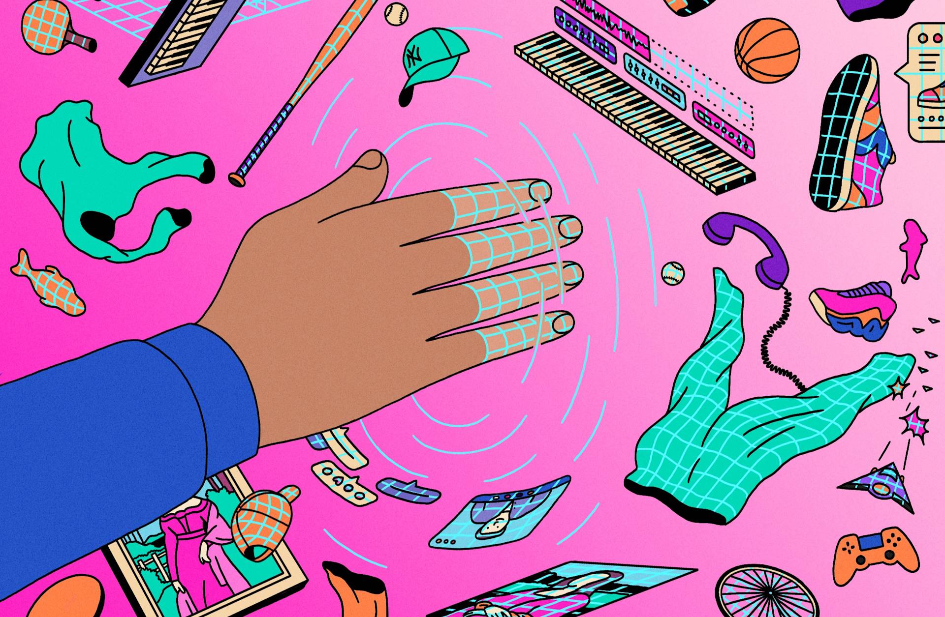 A hand reaches out on a pink background surrounded by floating digital and physical objects, including sports gear, clothes, a basketball, a keyboard, a phone, a game controller, and musical instruments.