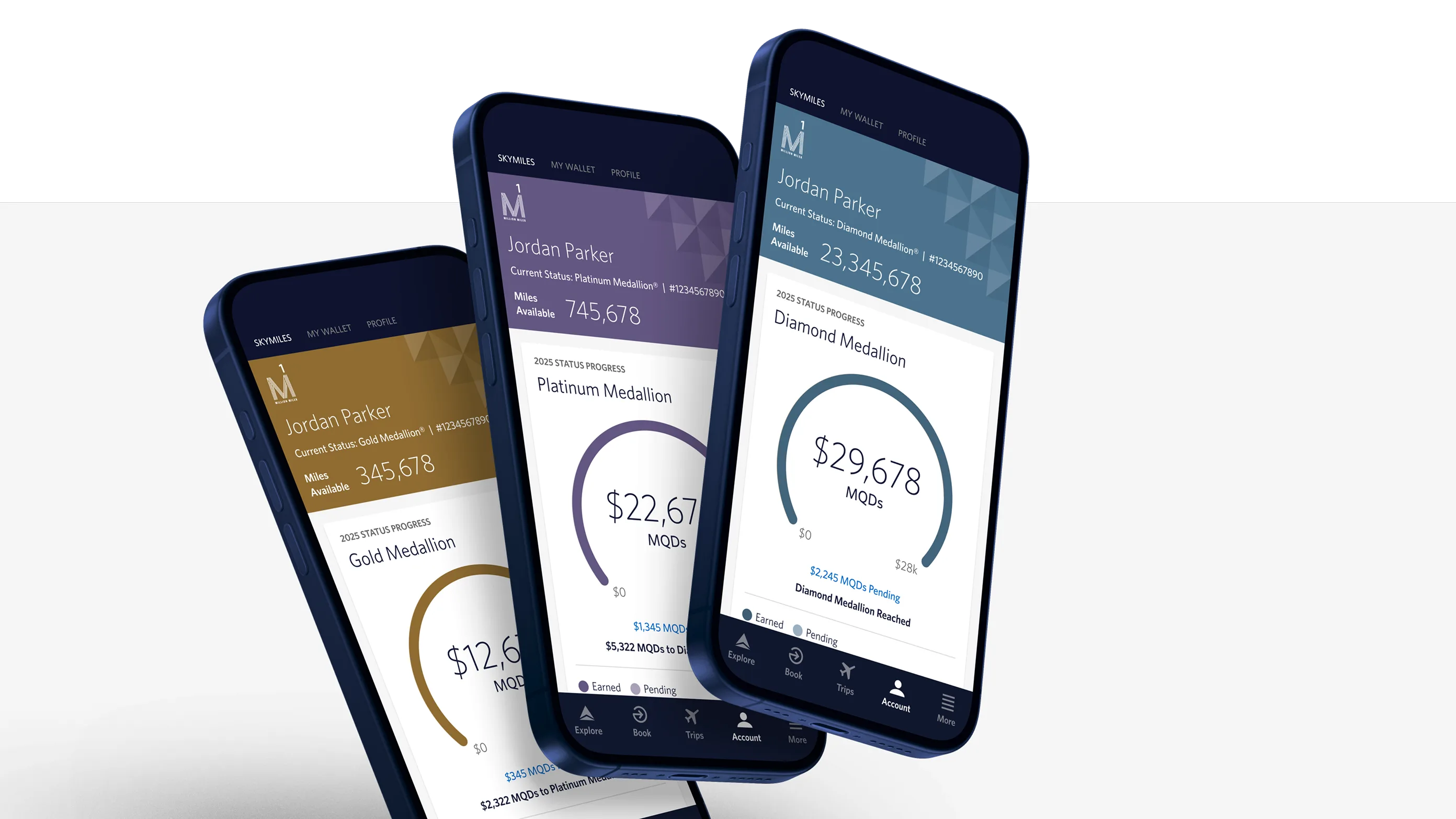 Three smartphones display a rewards app with different medallion statuses: Gold, Platinum, and Diamond. Each screen shows a user’s name, points balance, and a circular progress bar for medallion qualification.