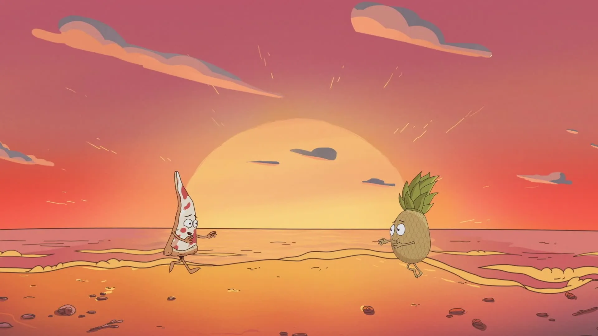 A slice of pizza and a pineapple with faces and arms joyfully run toward each other on a beach at sunset under a colorful sky with clouds.