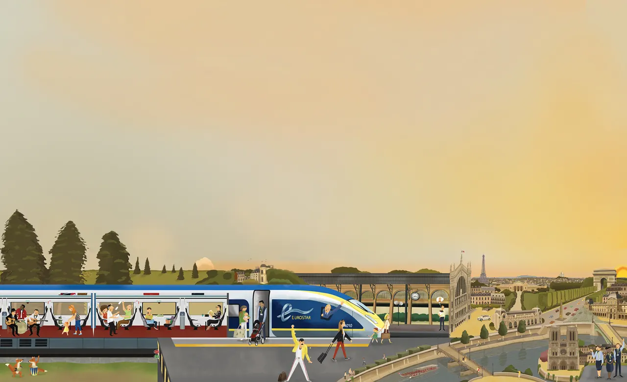 A modern blue and yellow passenger train travels through a scenic landscape at sunset, passing green fields, historic buildings, and people walking, with city landmarks visible in the background.