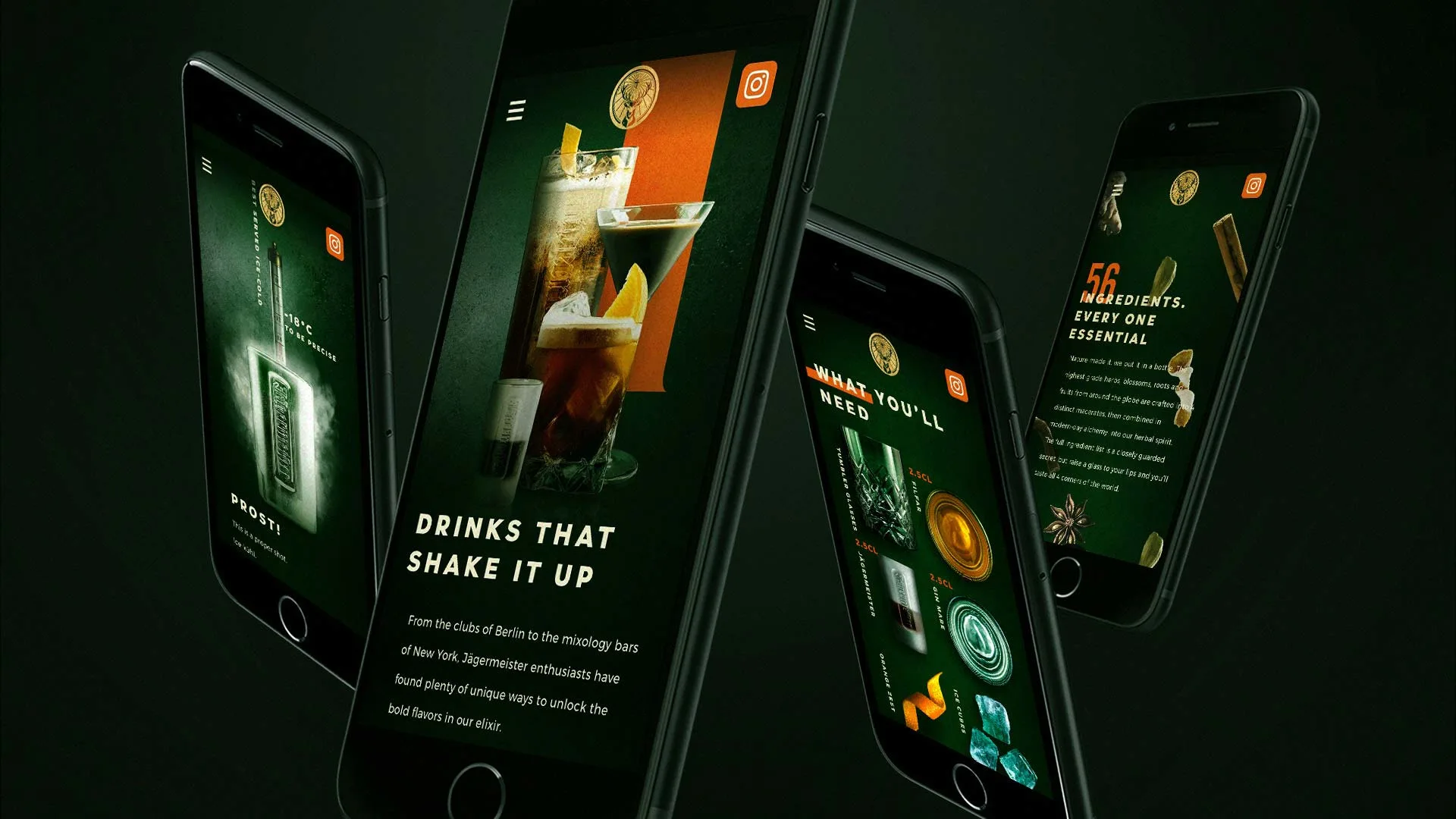 Four smartphones display a cocktail-themed app with vibrant images of drinks, ingredients, and text about mixology. The screens feature green and orange tones, cocktail glasses, and ingredient icons on a dark background.