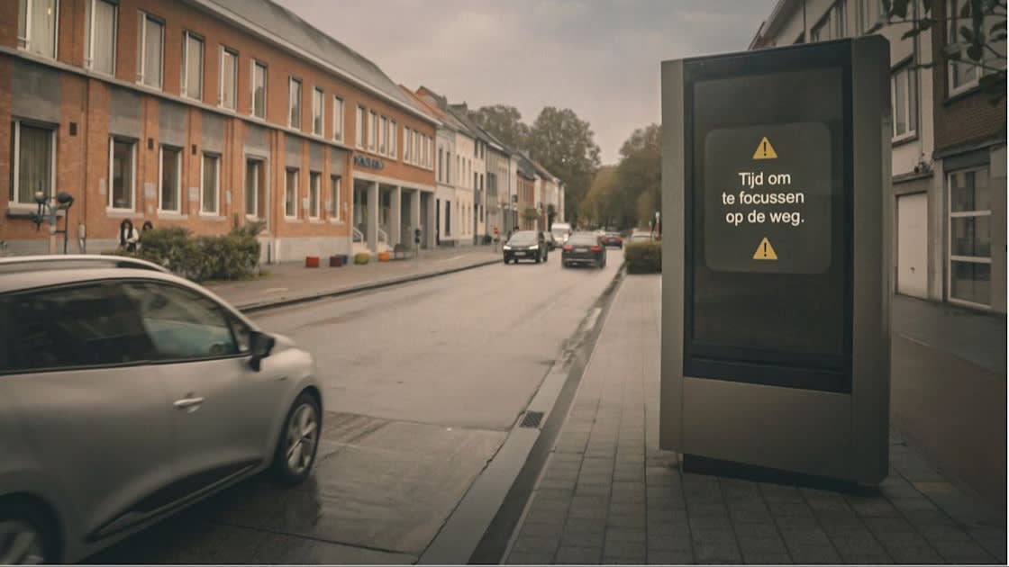 A digital roadside sign in a town displays a warning in Dutch, Tijd om te focussen op de weg, meaning Time to focus on the road, while cars drive by on a wet street lined with buildings.