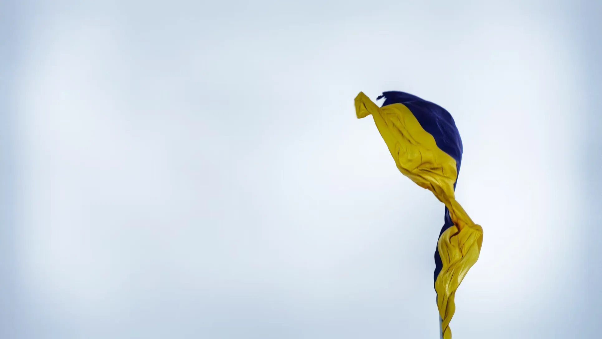 A blue and yellow flag blows in the wind against a cloudy, pale sky, occupying the right side of the image with ample empty space on the left.