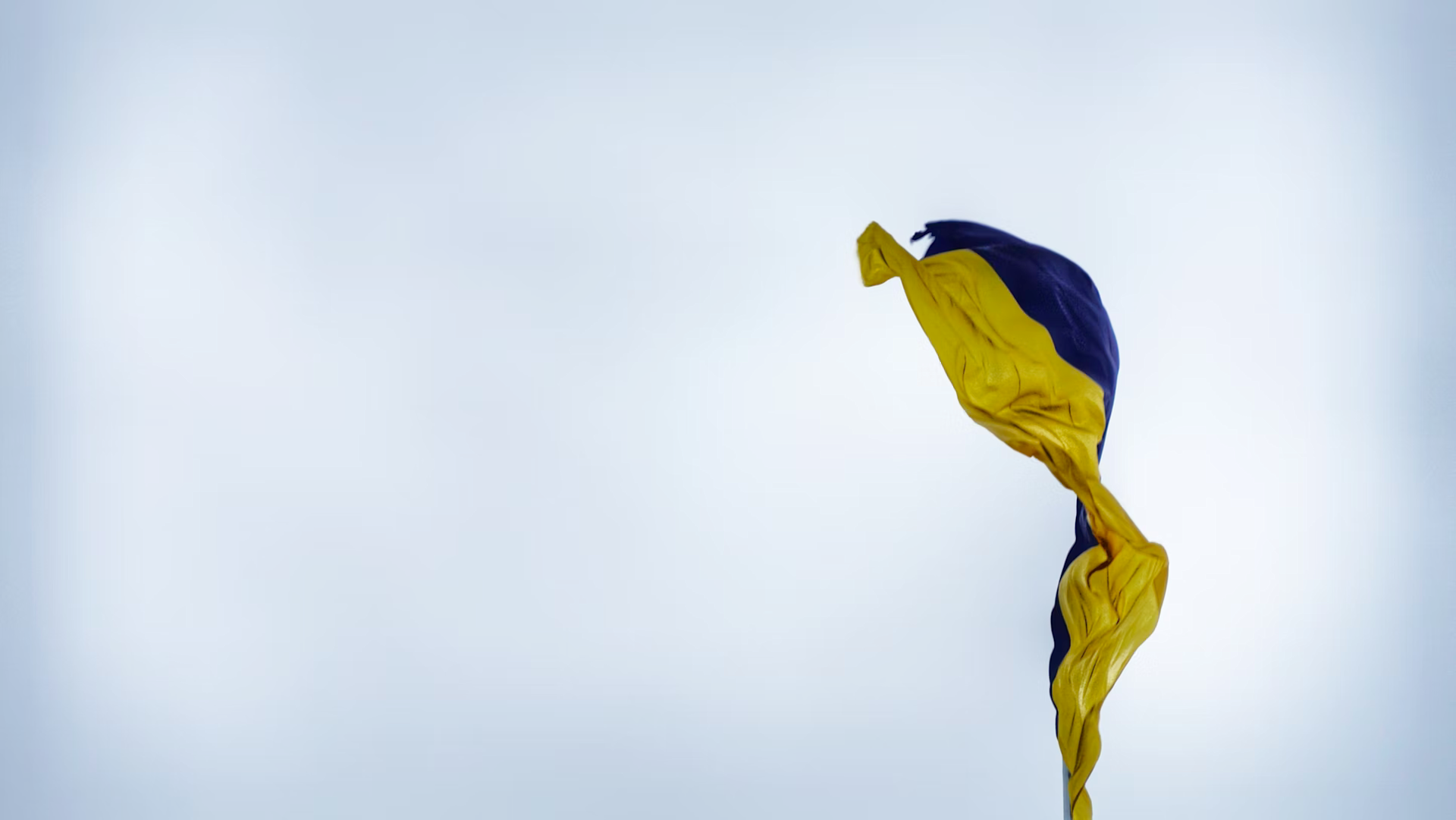 A blue and yellow flag blows in the wind against a cloudy, pale sky, occupying the right side of the image with ample empty space on the left.