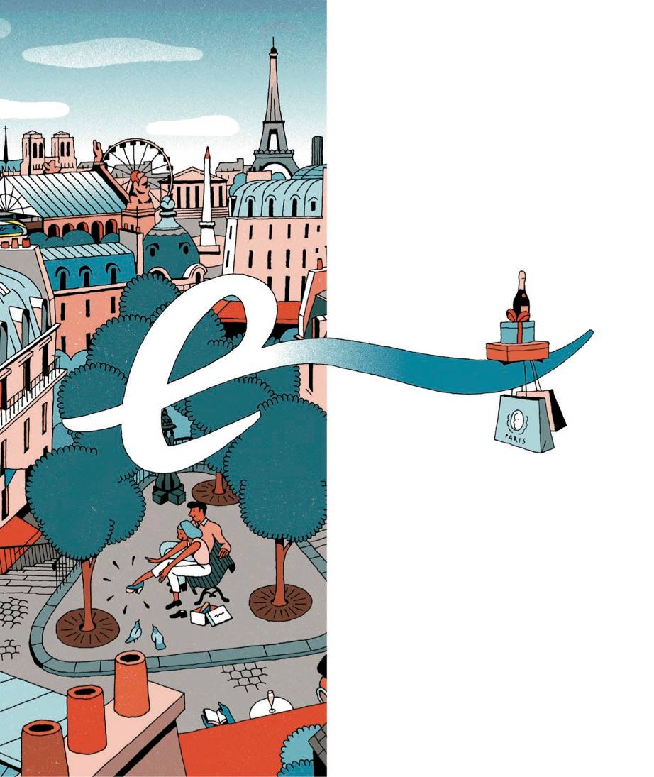 An illustrated Paris cityscape with the Eiffel Tower in the background. A large blue swoosh sweeps across, forming an e shape, carrying wine, a gift bag, and baguettes. The left side is detailed; the right is mostly blank.