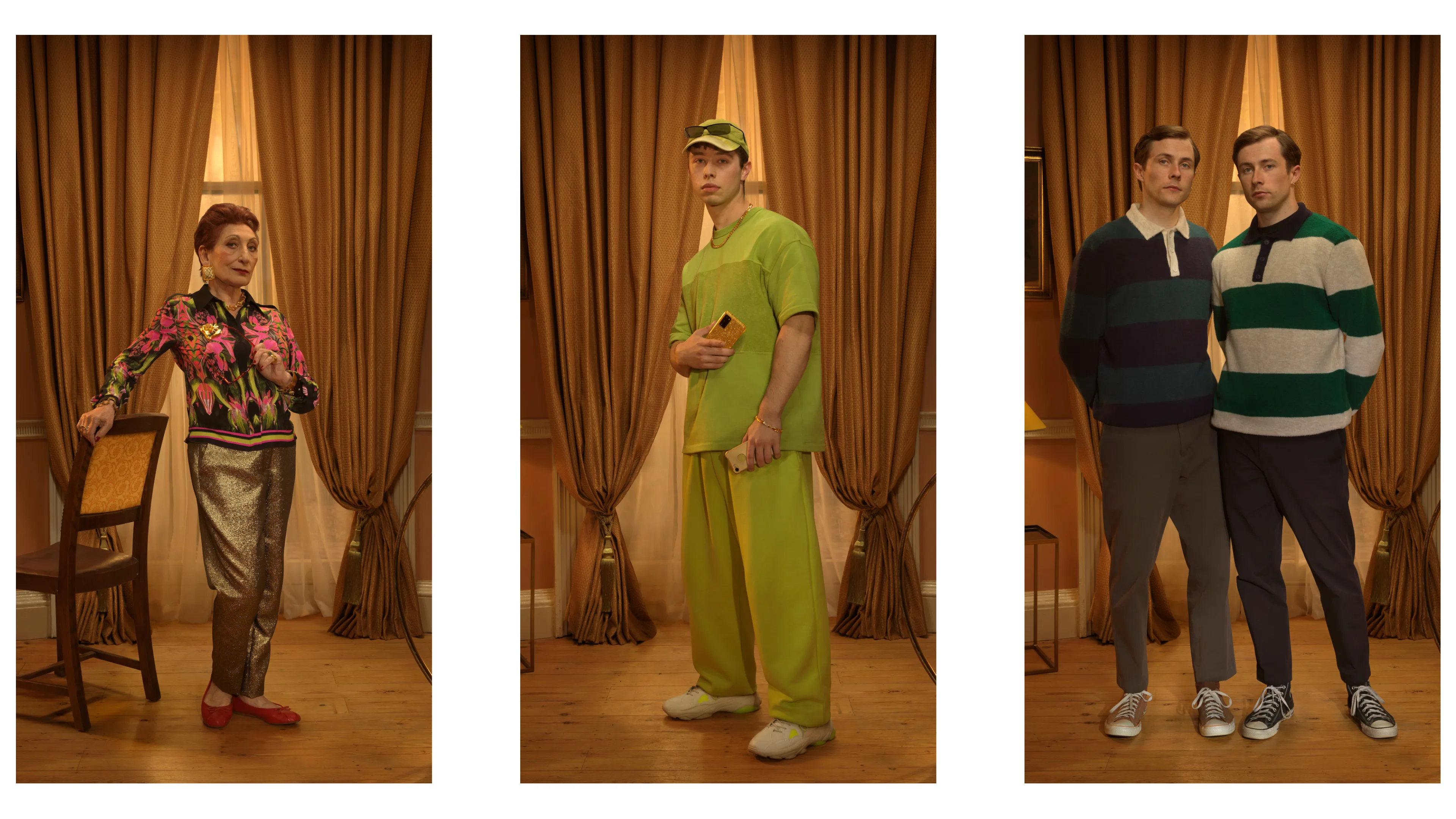 Three portraits: Left, an older woman in shiny gold pants and a colorful blouse; center, a man in bright green clothes holding a yellow clutch; right, two men in striped sweaters and sneakers stand side by side.