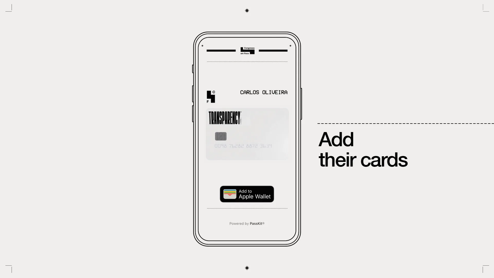 A smartphone screen shows a digital card for Carlos Oliveira with an option to add it to Apple Wallet. Text on the right reads, Add their cards on a white background.