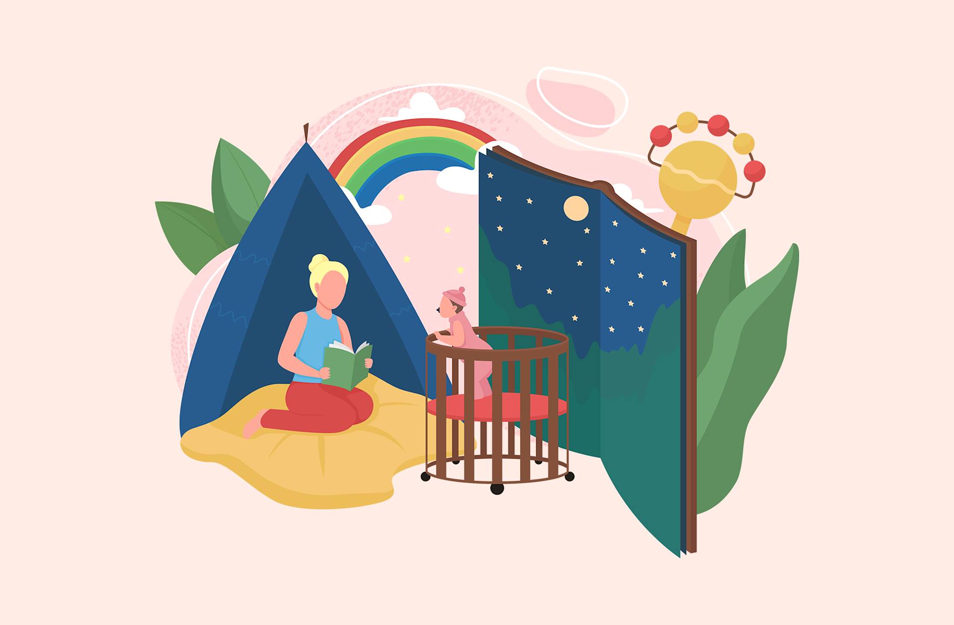 An adult sits reading in a tent next to a baby in a crib. Behind them are colorful plants, a rainbow, clouds, and a sun, with a folding screen showing a night sky with stars and a crescent moon.