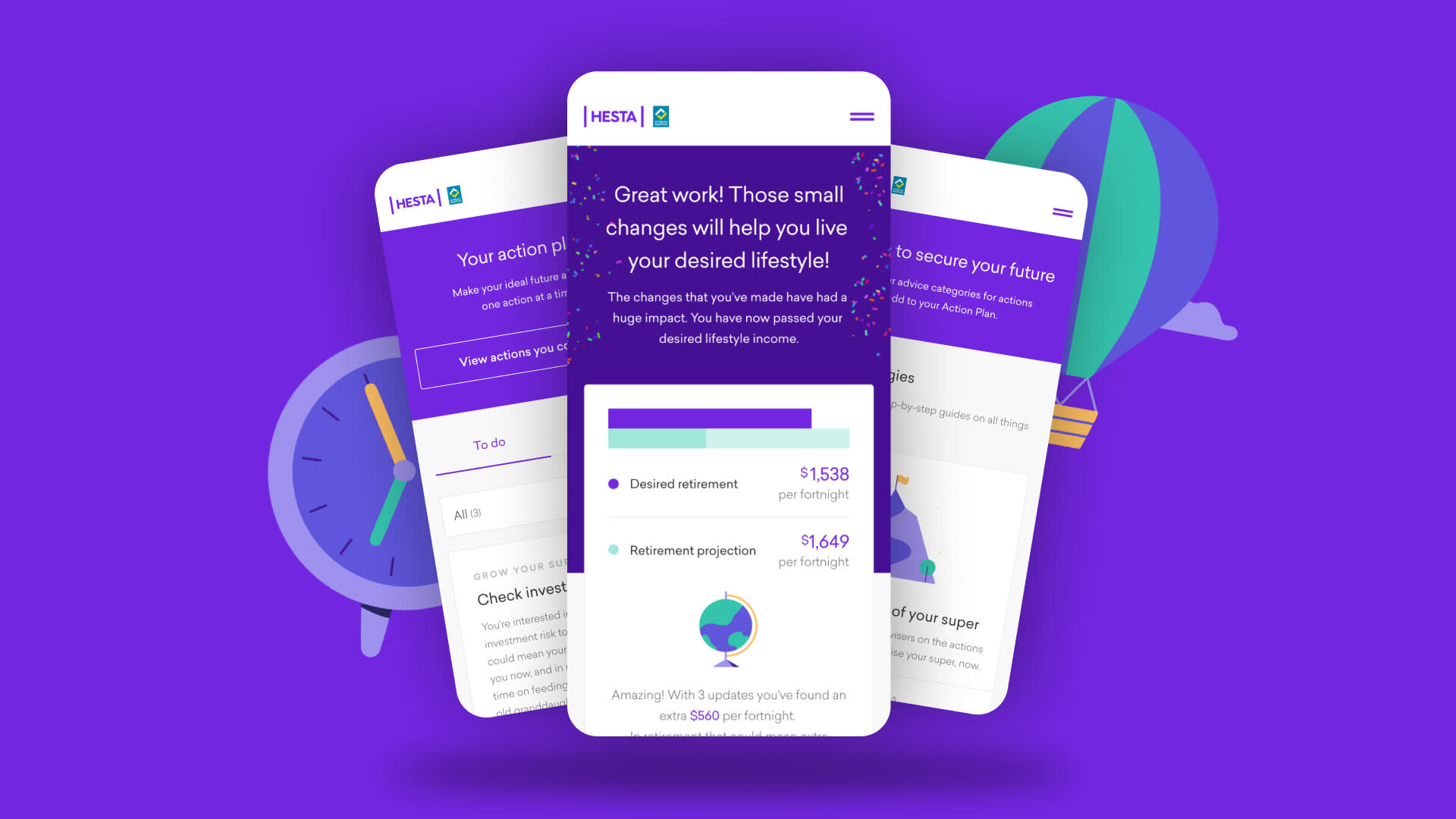 A digital mockup shows three overlapping mobile screens of a retirement planning app on a purple background. The screens display congratulatory messages and savings projections, with graphic elements like a clock and a hot air balloon.