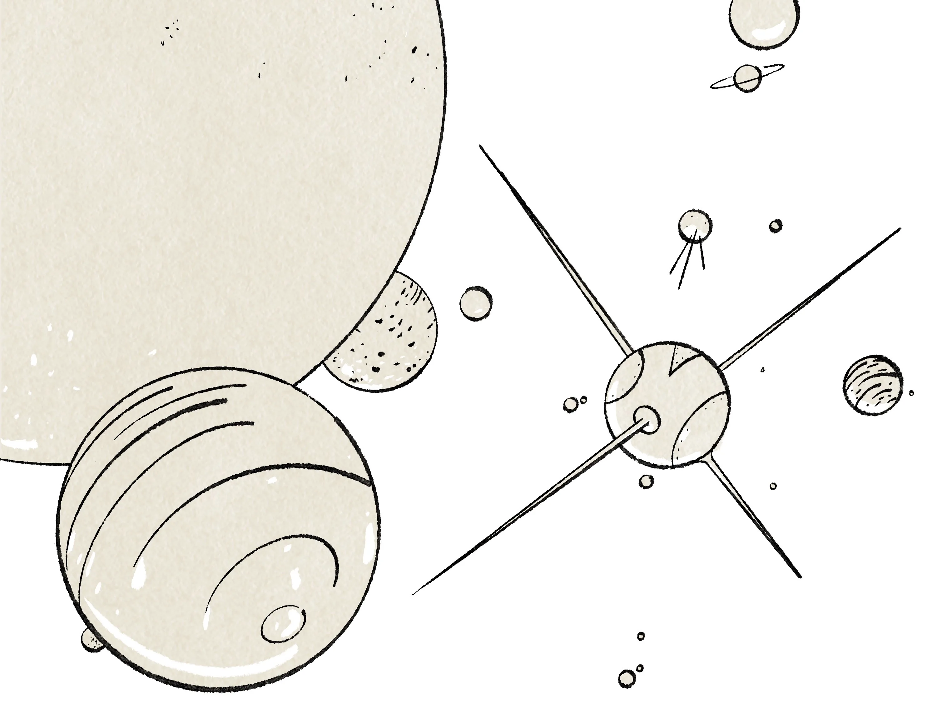 A black and white illustration of several planets and moons in space, featuring a satellite with four long antennas among the celestial bodies.