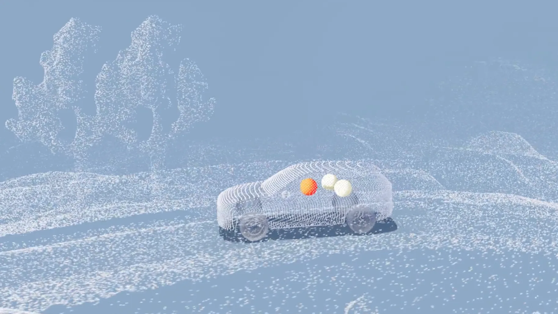 A digital illustration of a car made from white dots driving on a road. There are three colored spheres inside the car, and trees in the background, all depicted in a pointillist, dotted style against a bluish backdrop.