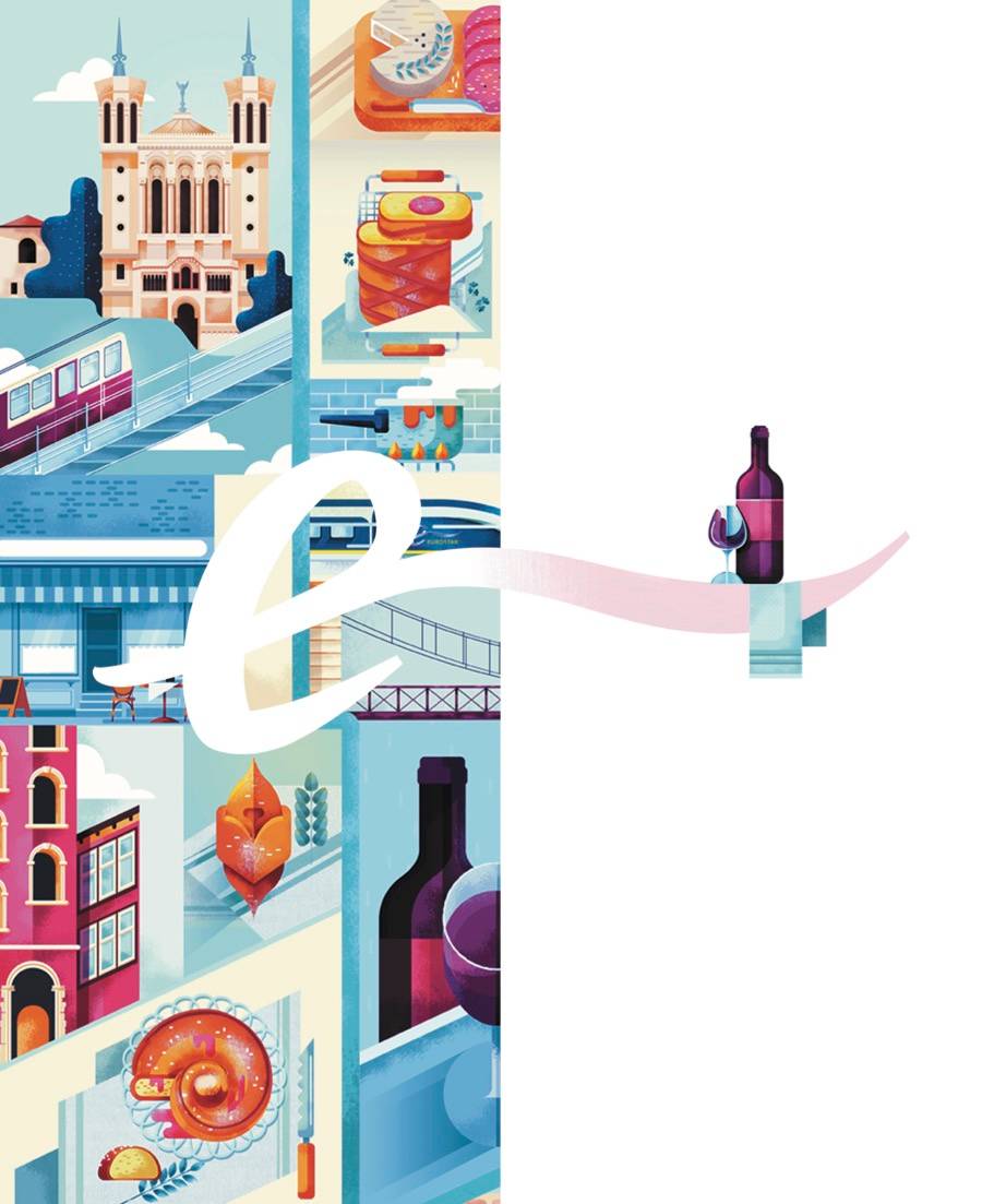 A colorful illustration features Croatian landmarks, trams, bridges, wine, and local foods arranged in vertical panels on the left, with a wine bottle and glass on a white background on the right.
