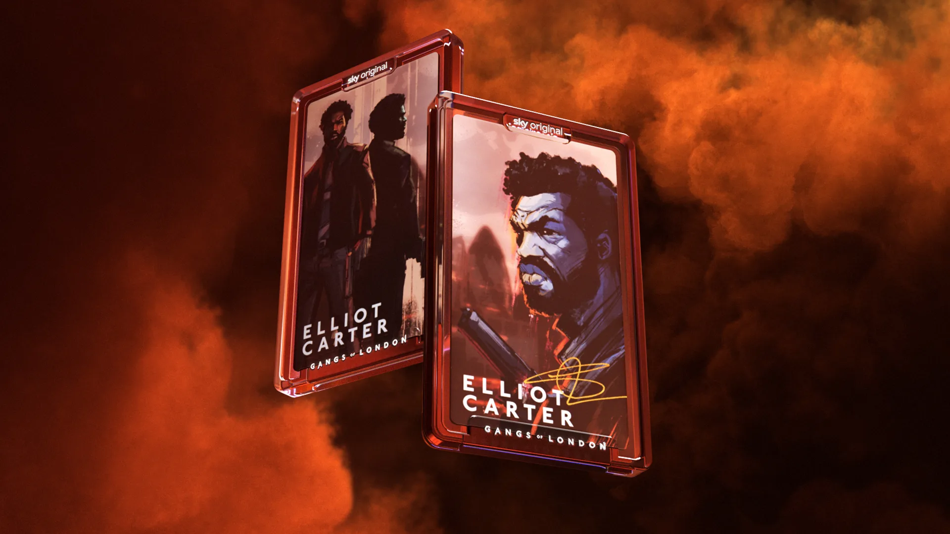 Two digital trading cards featuring stylized illustrations of Elliot Carter from Gangs of London float against a dramatic orange and black smoky background. One card shows two figures, the other a close-up portrait.