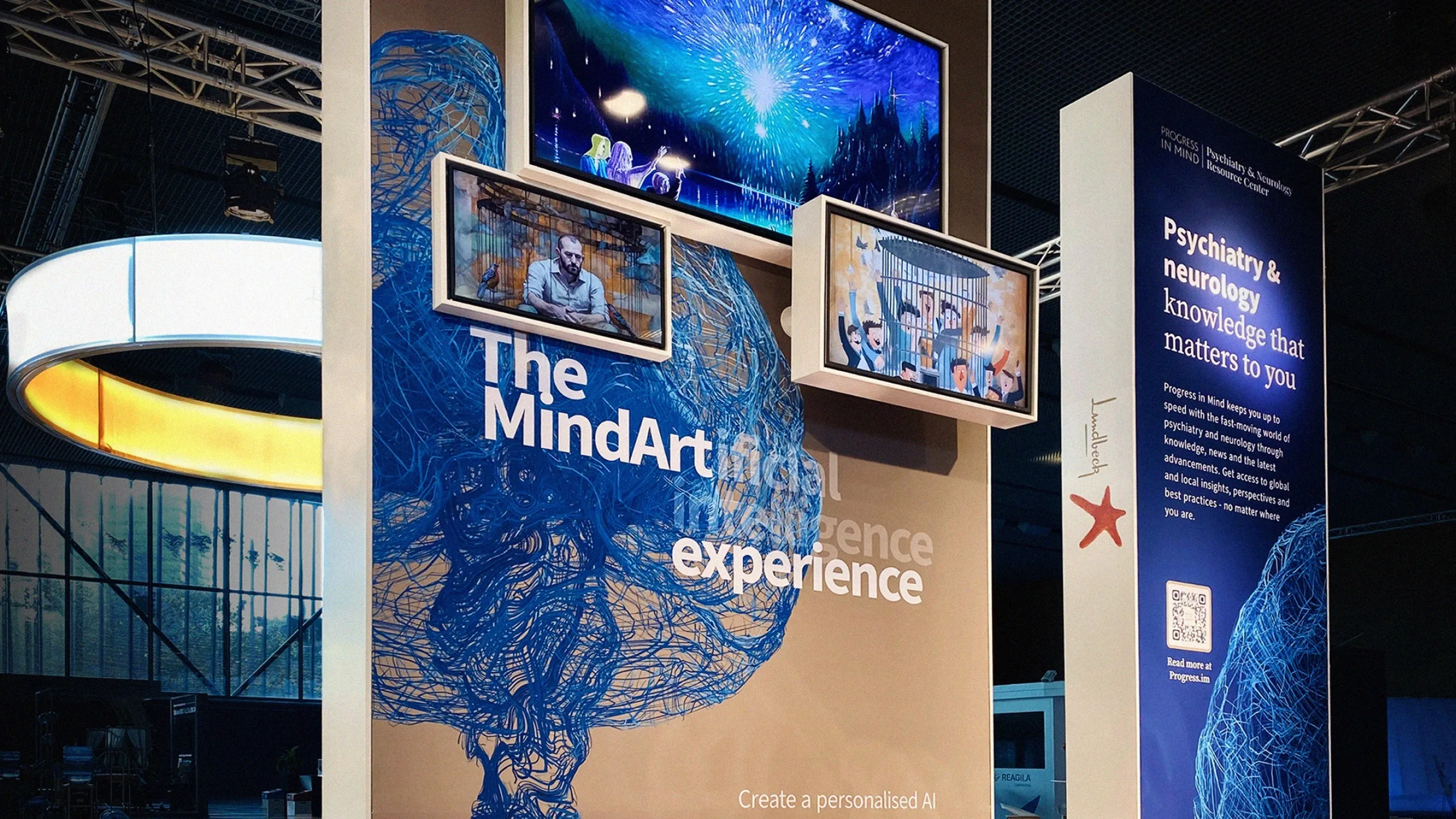 A display booth titled The MindArt AI experience features digital screens and artwork related to psychiatry and neurology, with blue graphics of a brain and promotional text about personalized AI.