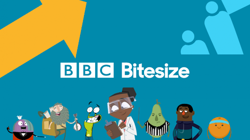 Colorful cartoon characters stand in a row beneath the BBC Bitesize logo on a blue background with a large yellow arrow and abstract shapes.