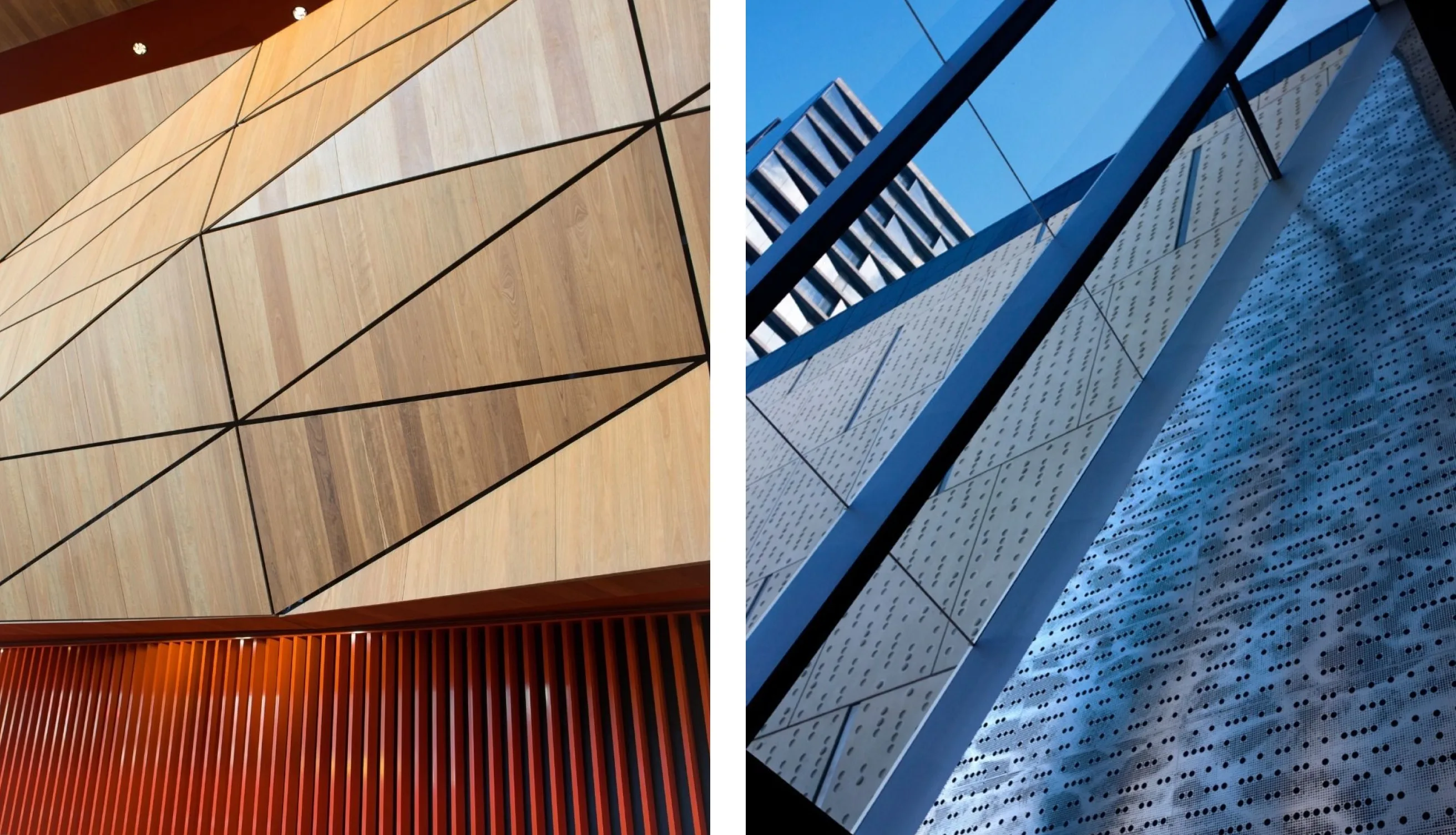 Split image: On the left, a geometric wooden wall with triangles and vertical slats. On the right, a modern glass building with reflections of another building and textured metal panels below a blue sky.