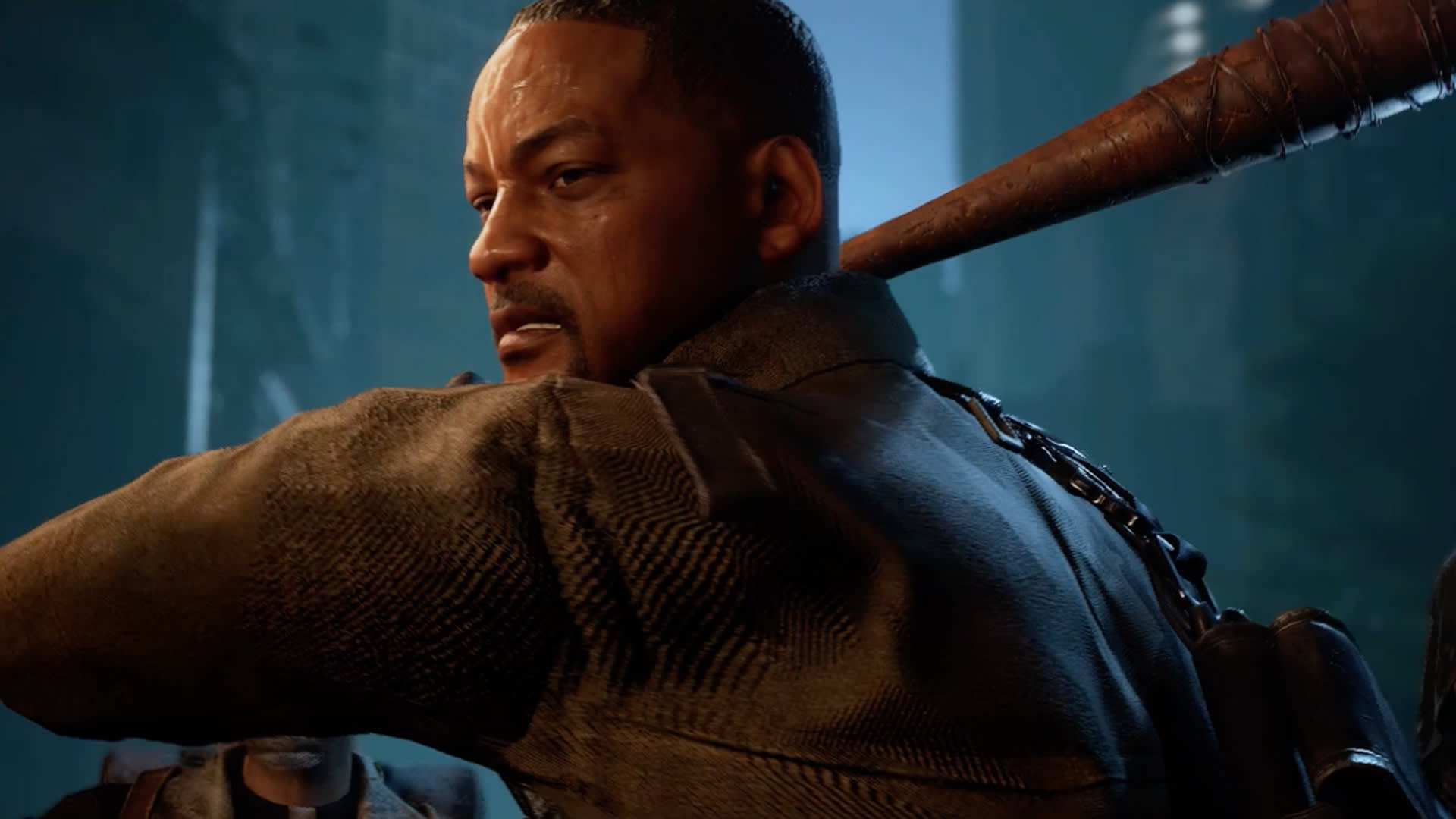 Will Smith in a brown jacket looks over his shoulder, holding a wooden bat with nails. The lighting is dramatic, highlighting his serious expression against a dark, moody background.