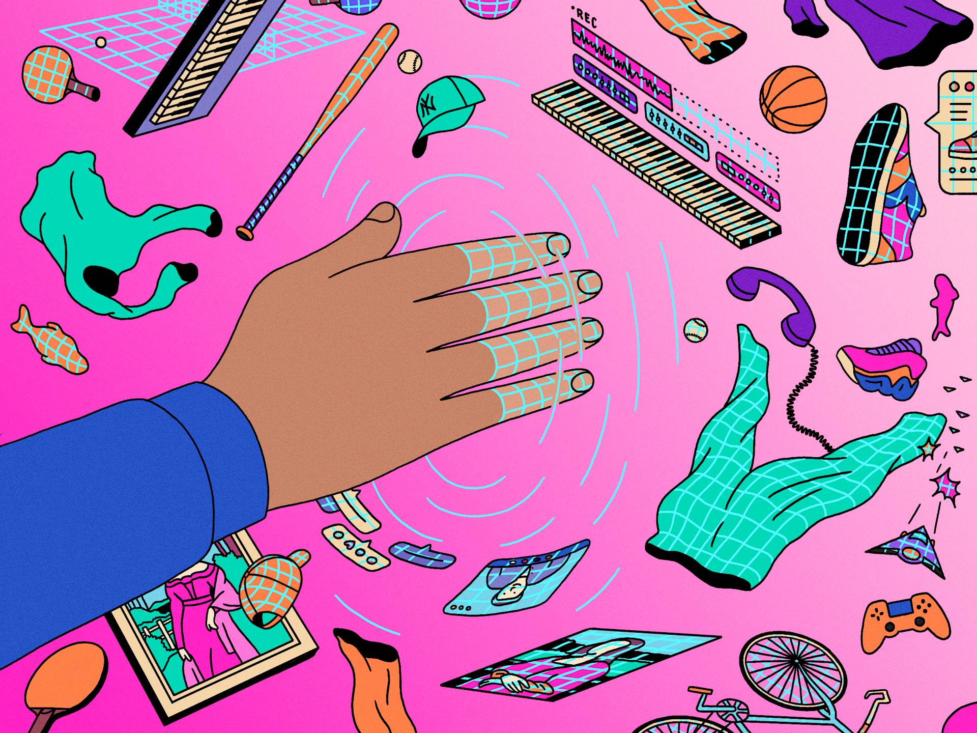 A hand with digital patterns reaches out amidst floating everyday objects like clothes, a bike, phone, basketball, controller, and musical keyboard, all set against a vibrant pink background.