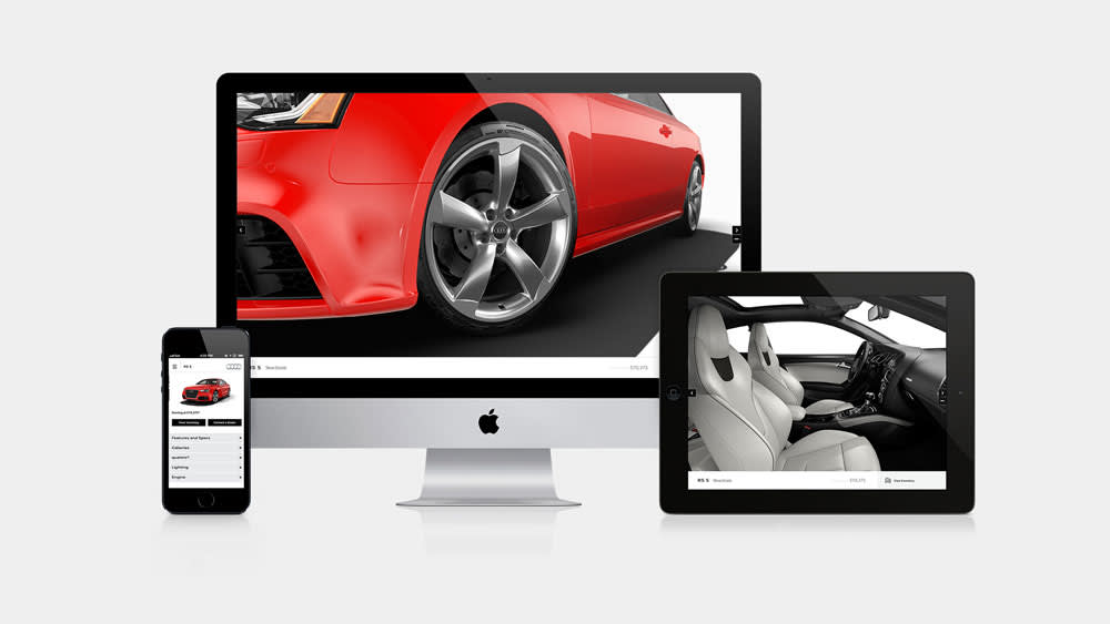 A red sports car is displayed on the screens of an iMac, iPad, and iPhone, showcasing its front wheel, side view, and interior on the various devices against a plain white background.