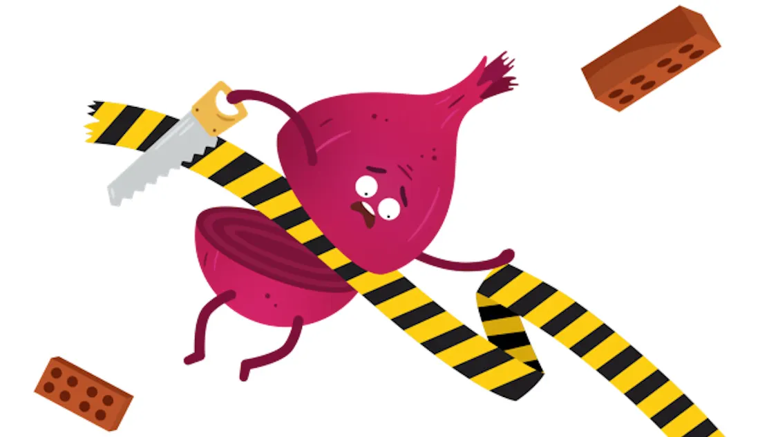 A cartoon onion holding a saw struggles to cut through black and yellow caution tape while standing among scattered bricks on a white background.