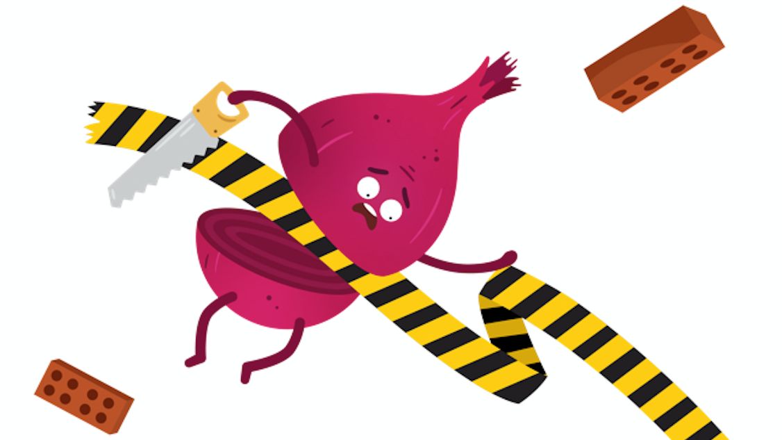 A cartoon onion holding a saw struggles to cut through black and yellow caution tape while standing among scattered bricks on a white background.
