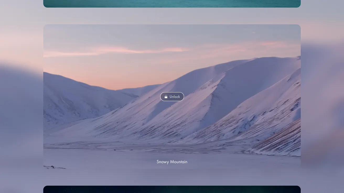 Snow-covered mountains under a soft pink and purple sunset sky, with gentle slopes and ridges. The scene is labeled Snowy Mountain and features a lock icon at the center.