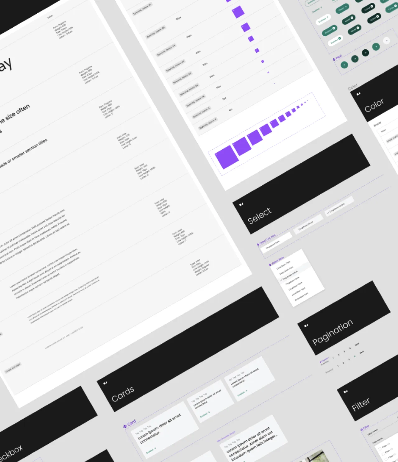 A digital screenshot of a modern UI design system showing various interface components, including buttons, color palettes, select menus, cards, pagination, and text styles, arranged in a grid on a light gray background.
