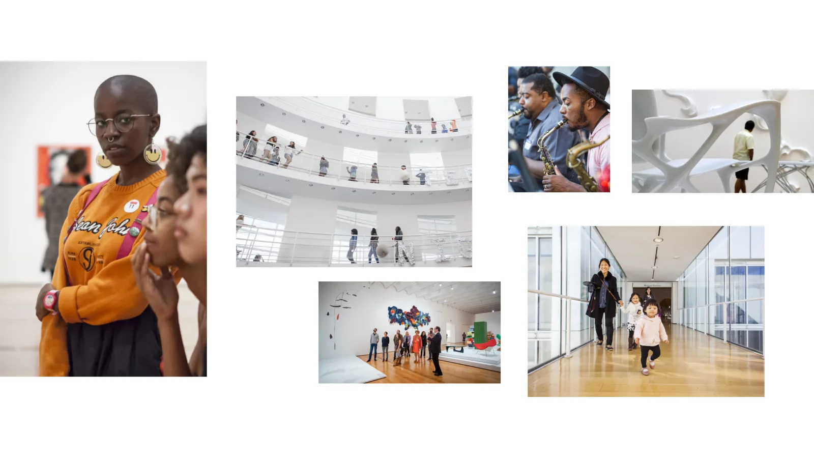 A collage of museum scenes: visitors viewing art, walking in modern white galleries, families strolling, and close-ups of artworks and people observing exhibits.