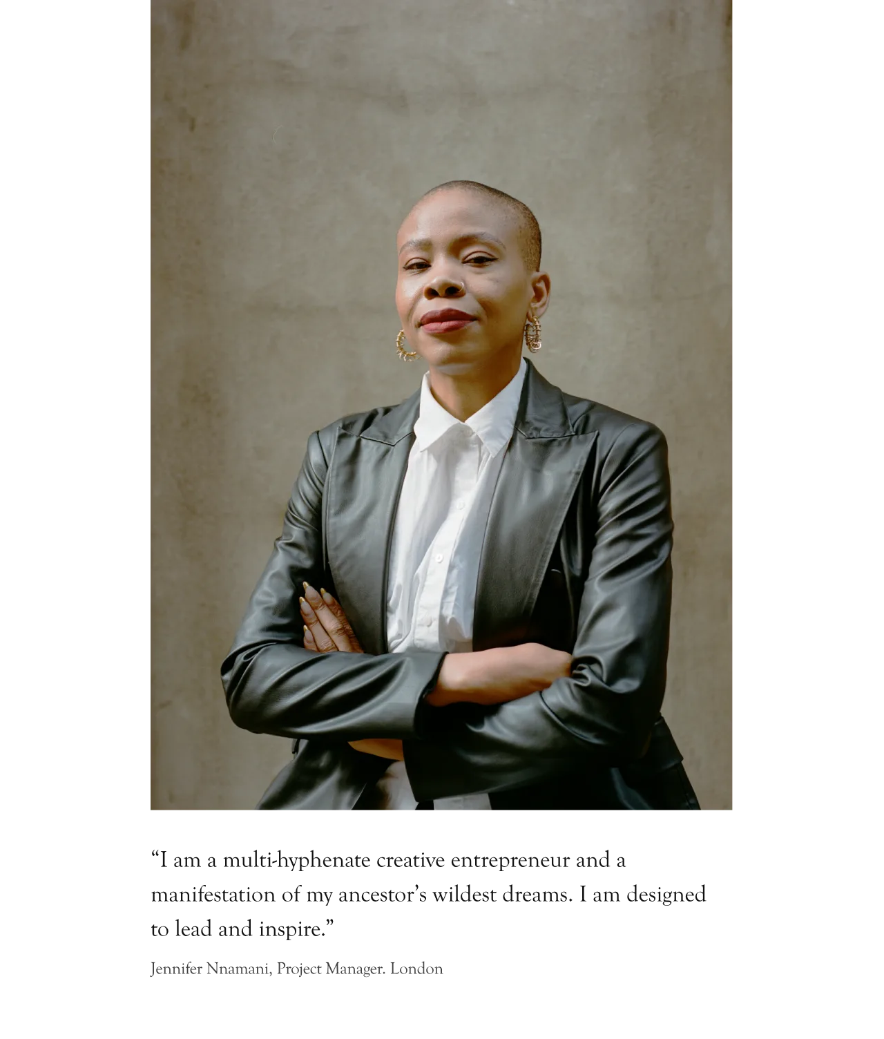 A confident person wearing a black leather jacket and white shirt stands with arms crossed against a neutral background. Below is a quote about being a creative entrepreneur and inspiring others.