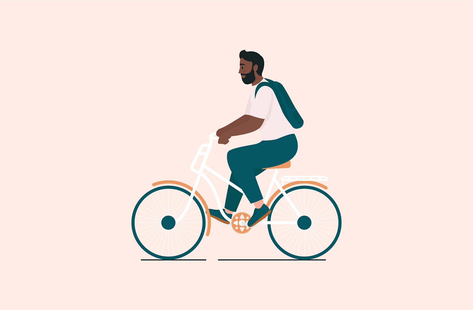 Illustration of a man with a beard and a backpack riding a bicycle. The background is light beige, and the overall style is simple and modern.