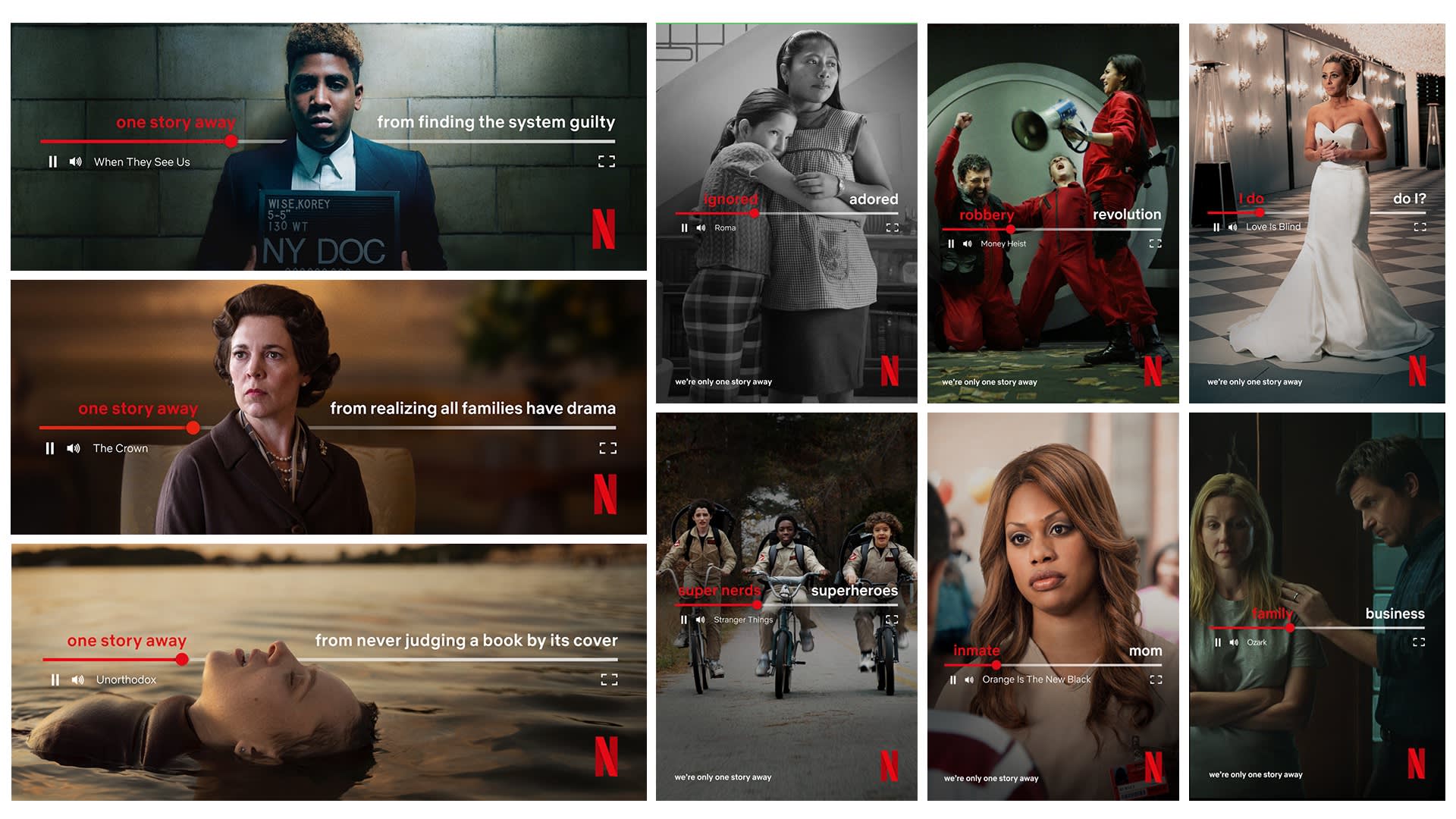 A collage of Netflix series and film scenes, each with captions promoting diverse stories, including drama, romance, crime, and superheroes; the Netflix logo appears on each image.