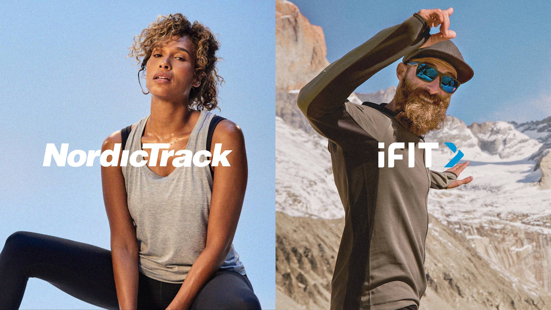 Split image: On the left, a woman in athletic wear sits against a light blue background with the NordicTrack logo. On the right, a bearded man outdoors points up, wearing sunglasses and a cap, with the iFIT logo.