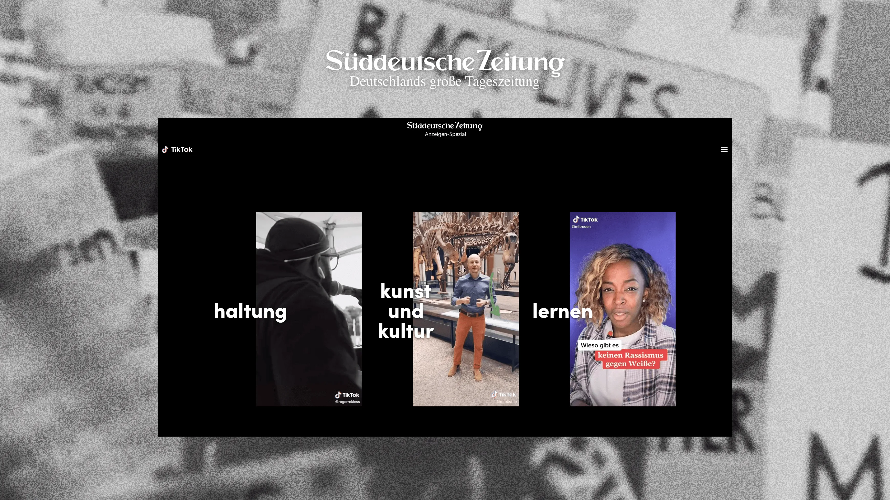 Three vertical video thumbnails on a dark background are labeled “haltung,” “kunst und kultur,” and “lernen.” Each shows a different person in mid-action, with the Süddeutsche Zeitung logo at the top.