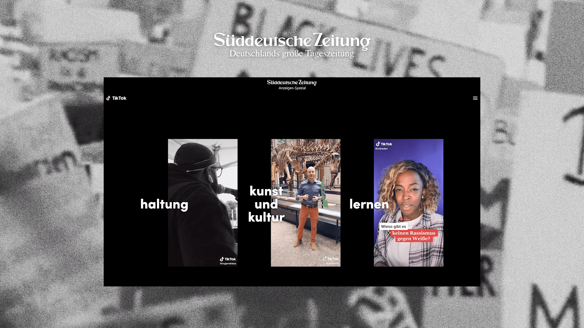 Three vertical video thumbnails on a dark background are labeled “haltung,” “kunst und kultur,” and “lernen.” Each shows a different person in mid-action, with the Süddeutsche Zeitung logo at the top.