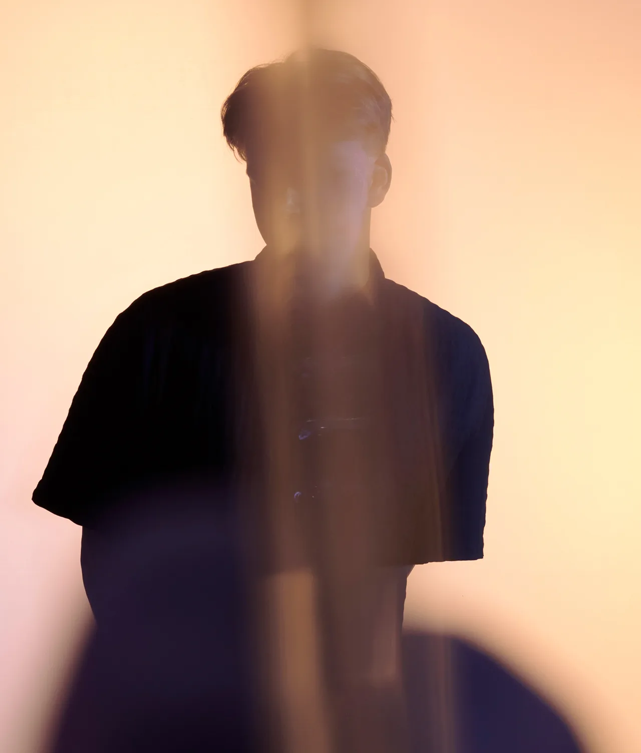 A person stands against a soft, peach-colored background, partially obscured by a vertical blur that runs through the center of the image, creating an abstract and mysterious effect.