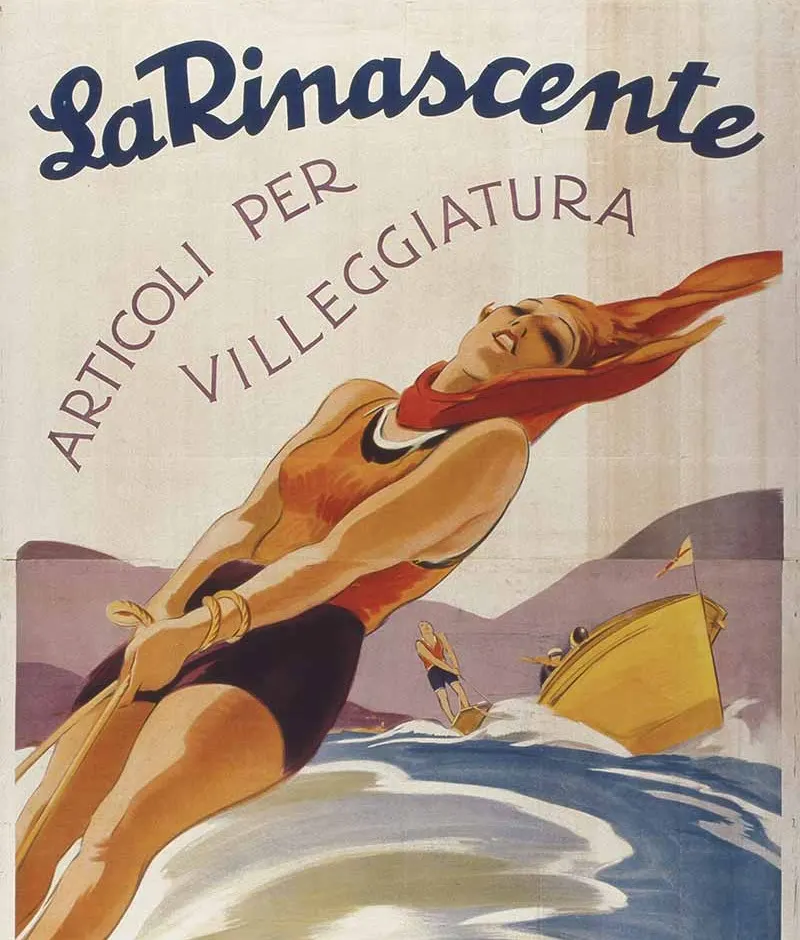 Vintage poster with the text La Rinascente Articoli per Villeggiatura, showing a smiling woman water skiing, wearing a scarf and swimsuit, with a boat and another water skier in the background.