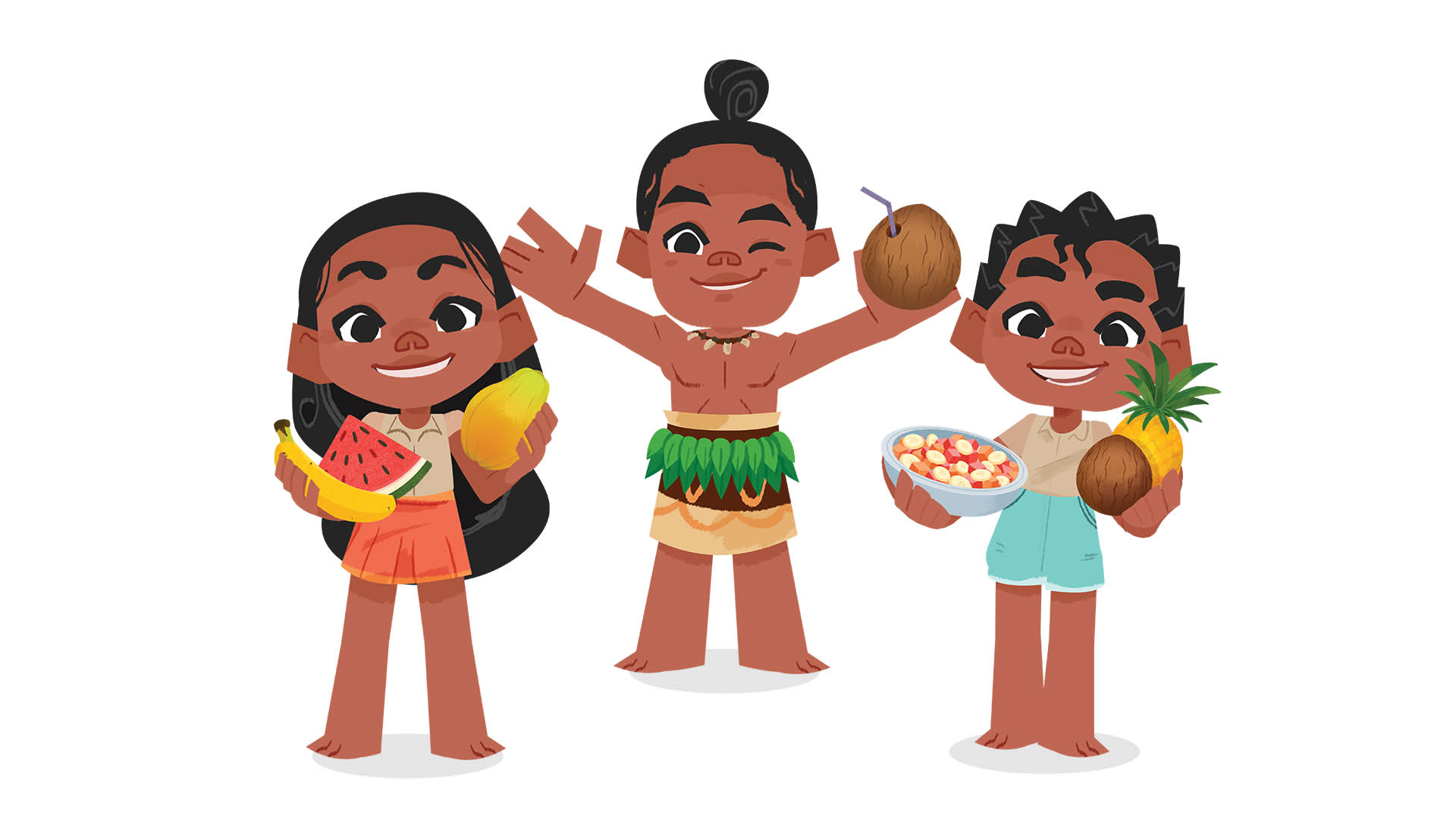 Three smiling children with brown skin and dark hair wear tropical outfits and hold fruits: watermelon and mango, coconut, and a bowl of fruit salad with a pineapple, standing against a white background.