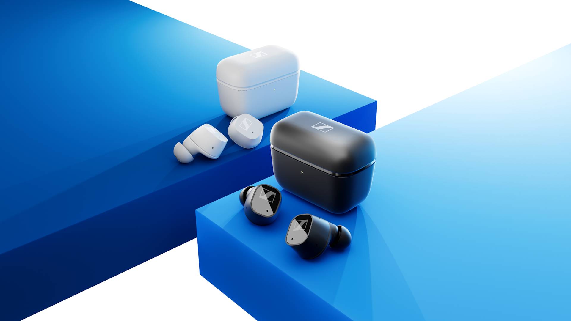 Two pairs of wireless earbuds, one white and one black, are displayed with their matching charging cases on blue geometric platforms with a clean, modern background.