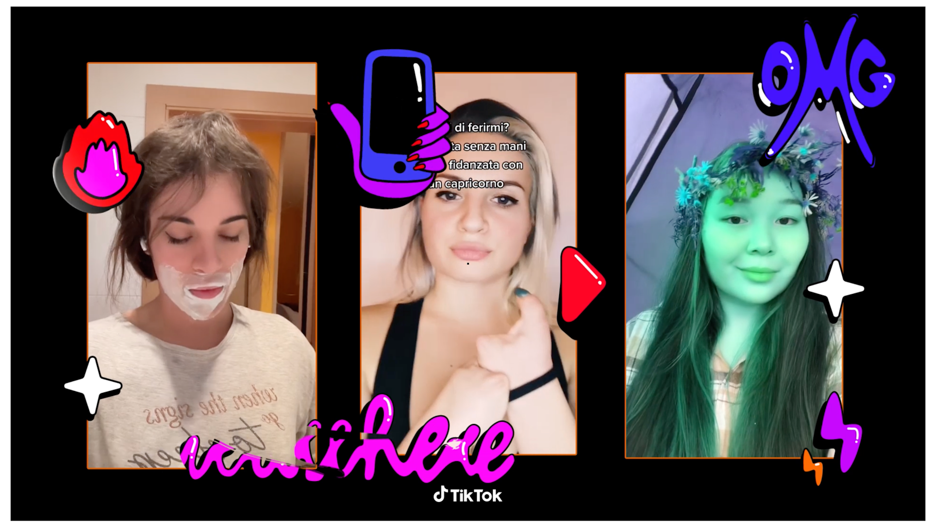 Three young women in separate vertical frames, each with colorful doodles. Left: brushing teeth with foam on mouth. Center: pointing upward with Italian text on screen. Right: green filter, wearing a leafy headband. TikTok logo below.